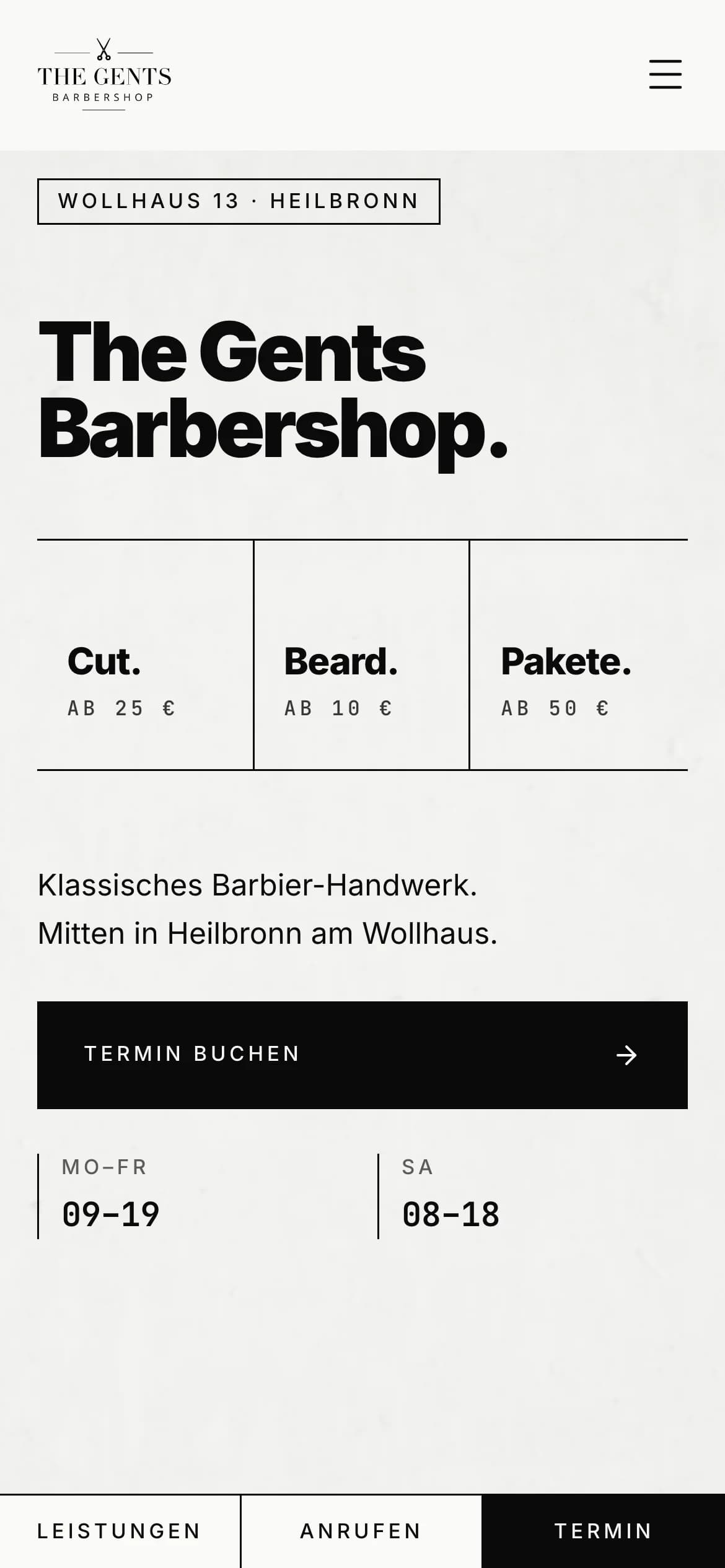 The Gents Barber mobile landing page