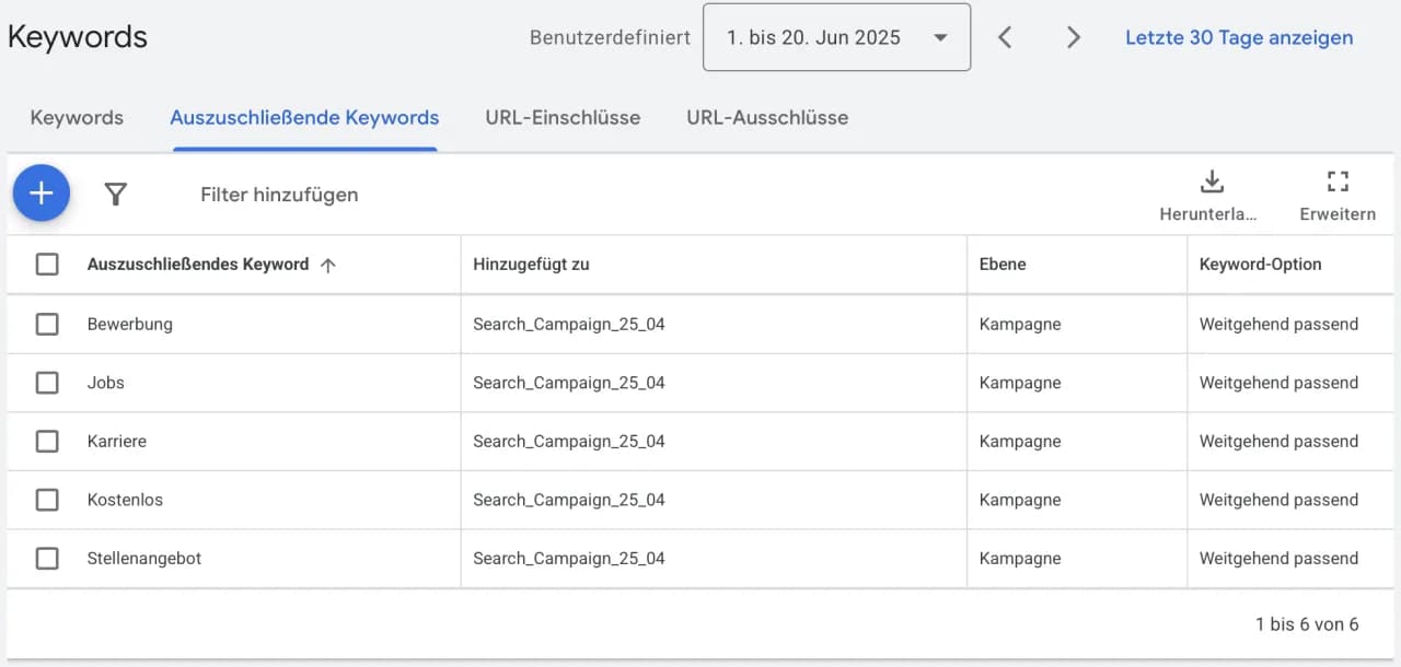 Google Ads Konto-Ansicht mit auszuschließenden Keywords